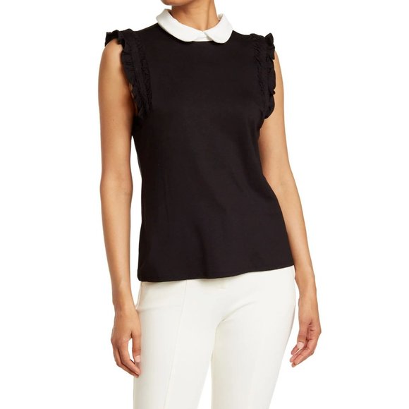 CECE Peter Pan Collared Ruffle Detail Tank Sleeveless - Black - NWT - Medium - Picture 1 of 3